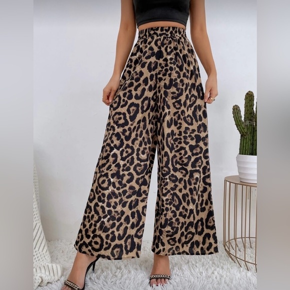 Pants - Leopard Brown Black Animal Print High Waisted Wide Leg Women’s Pants Large
